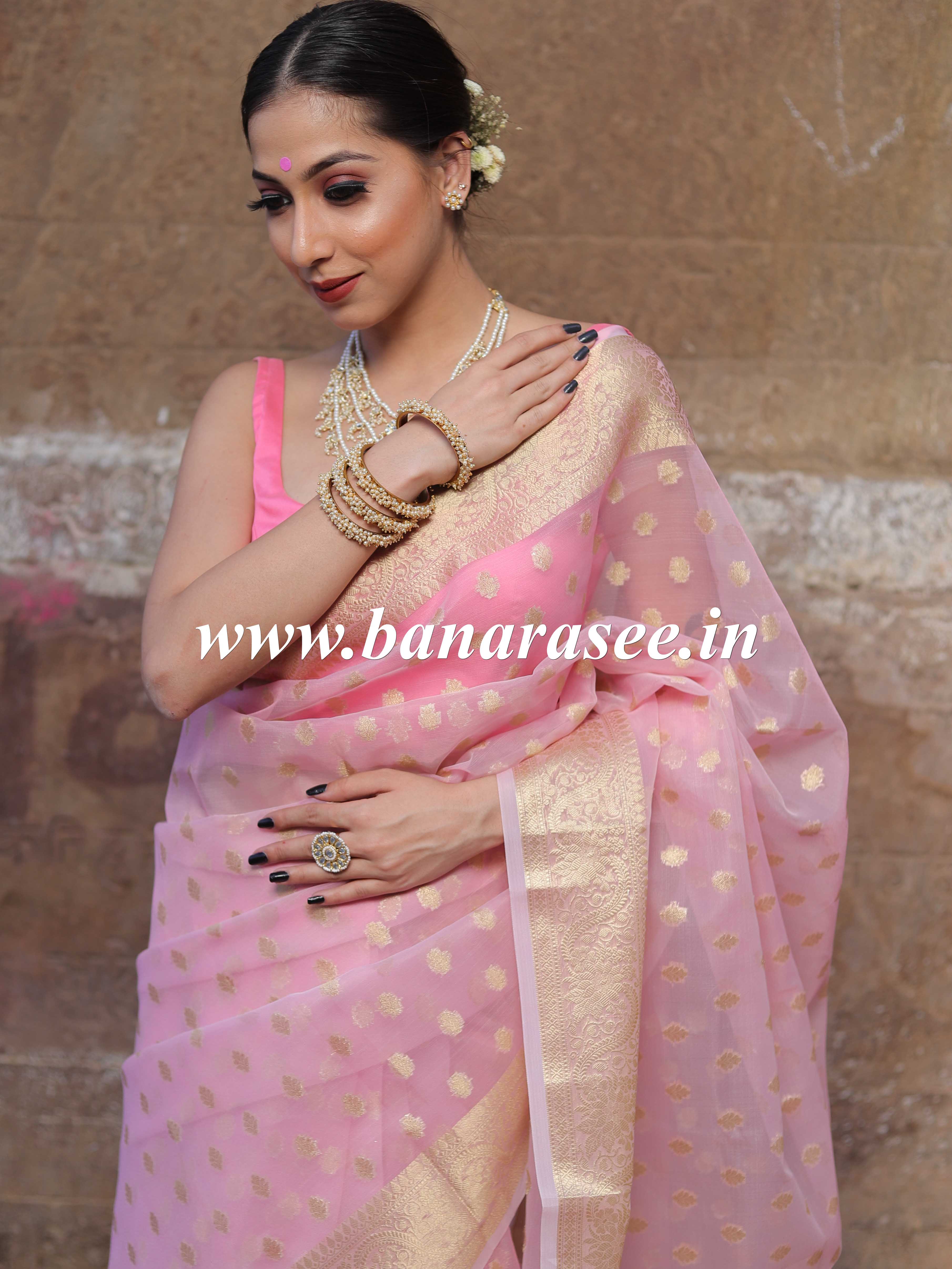 Banarasee Organza Mix Saree With Zari Buti & Floral Border-Pink