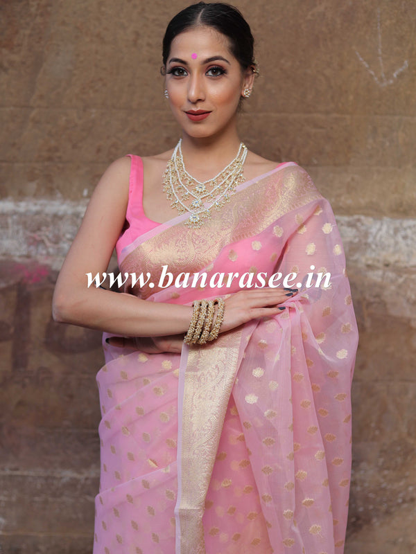 Banarasee Organza Mix Saree With Zari Buti & Floral Border-Pink