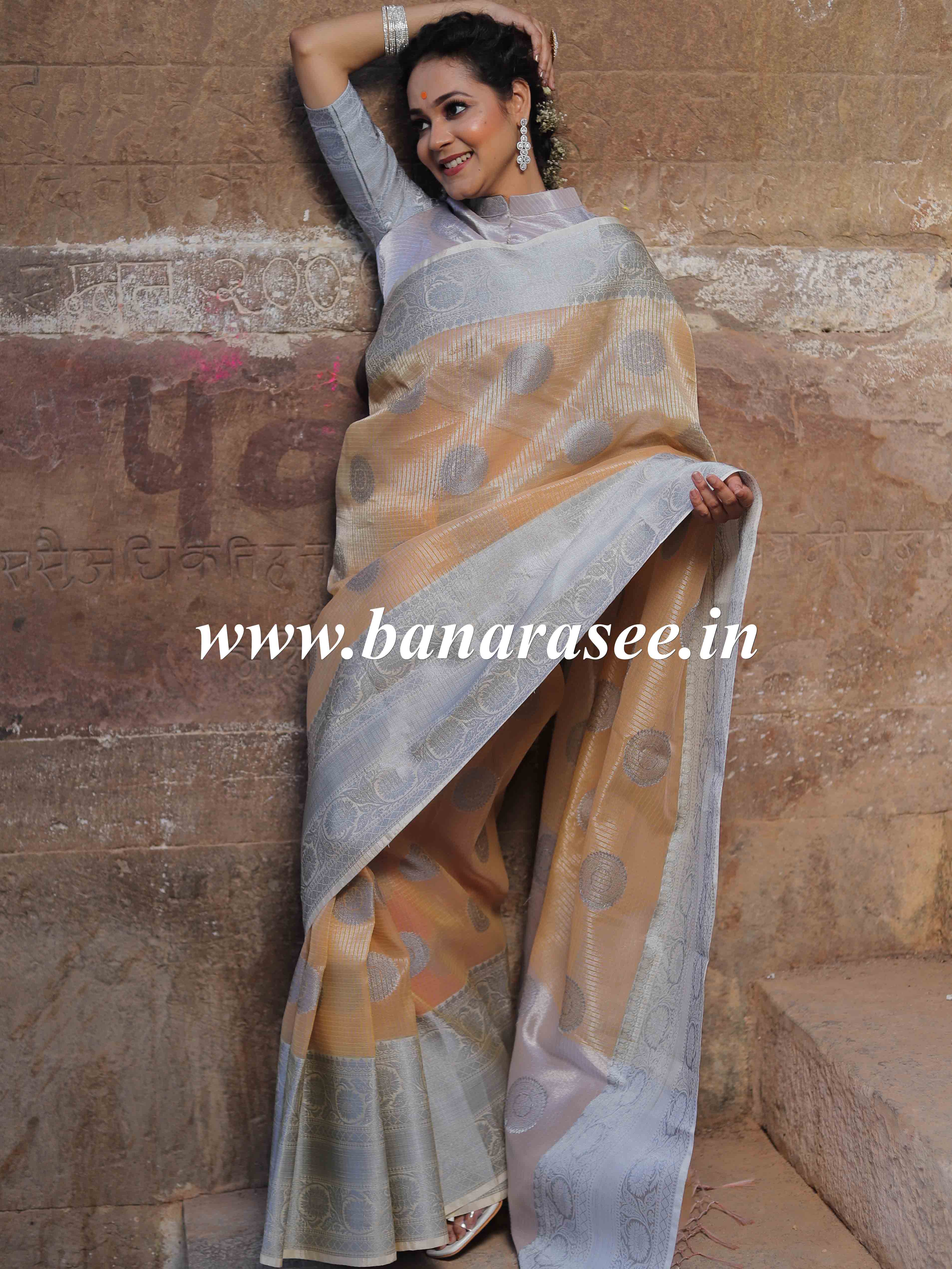 Banarasee Handwoven Broad Border Silver Zari Buta Design Tissue Saree-Yellow