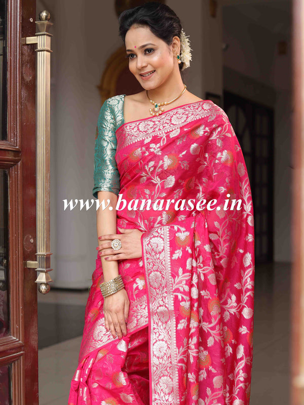 Banarasee Faux Georgette Saree With Meena Floral Jaal Work & Contrast Border-Pink