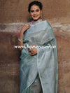 Banarasee Handwoven Broad Border Silver Zari Buta Design Tissue Saree-Green