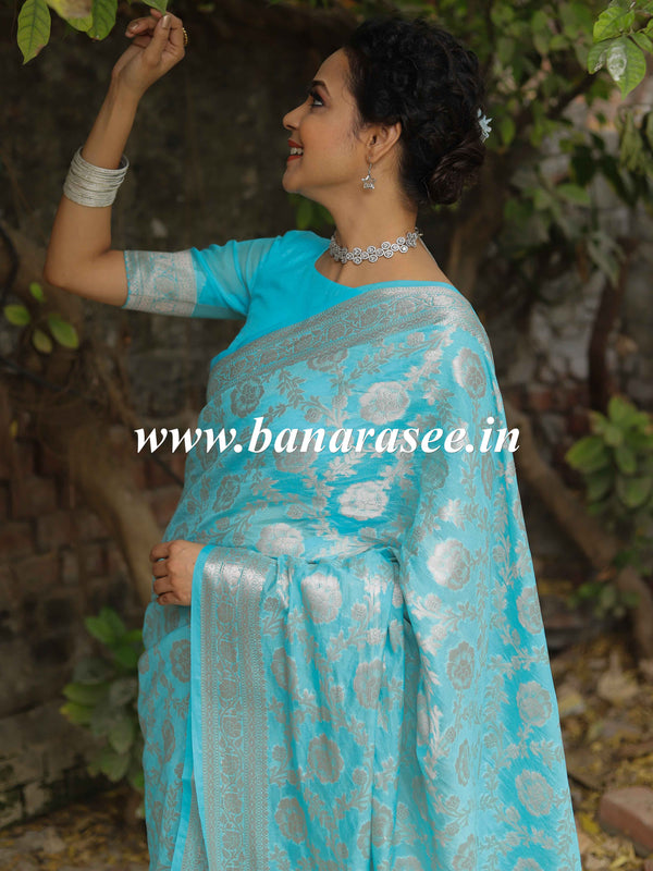Banarasee Faux Georgette Saree With Silver Zari & Resham Jaal Work-Blue