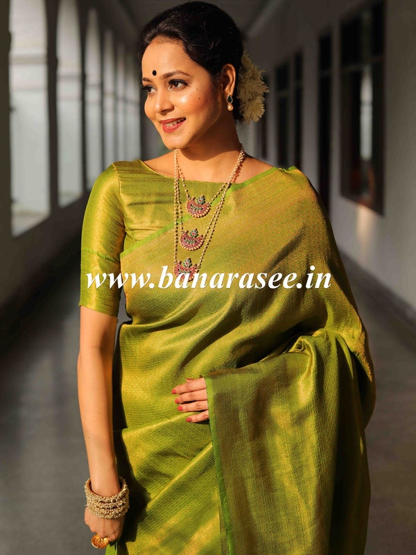 Banarasee Kubera Pattu Soft Silk Saree With Copper Zari Work-Green