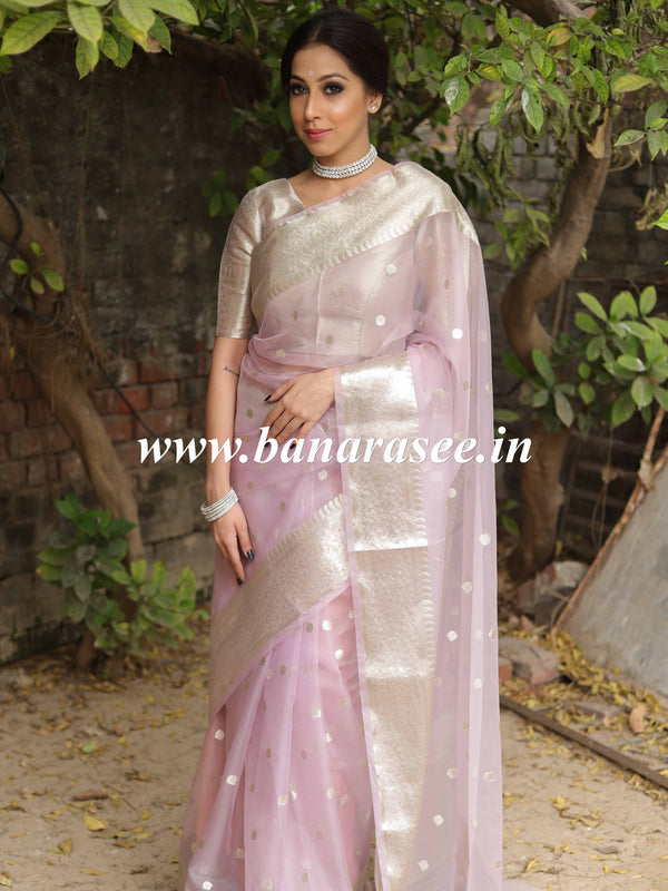 Banarasee Organza Mix Saree With Silver Zari Buta & Border-Lilac