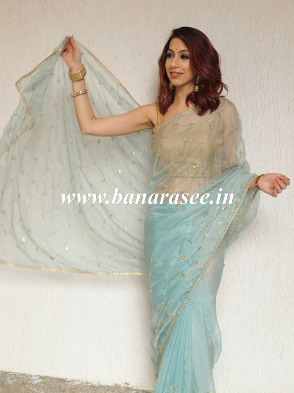 Banarasee Organza Silk Hand-work Saree-Light Blue