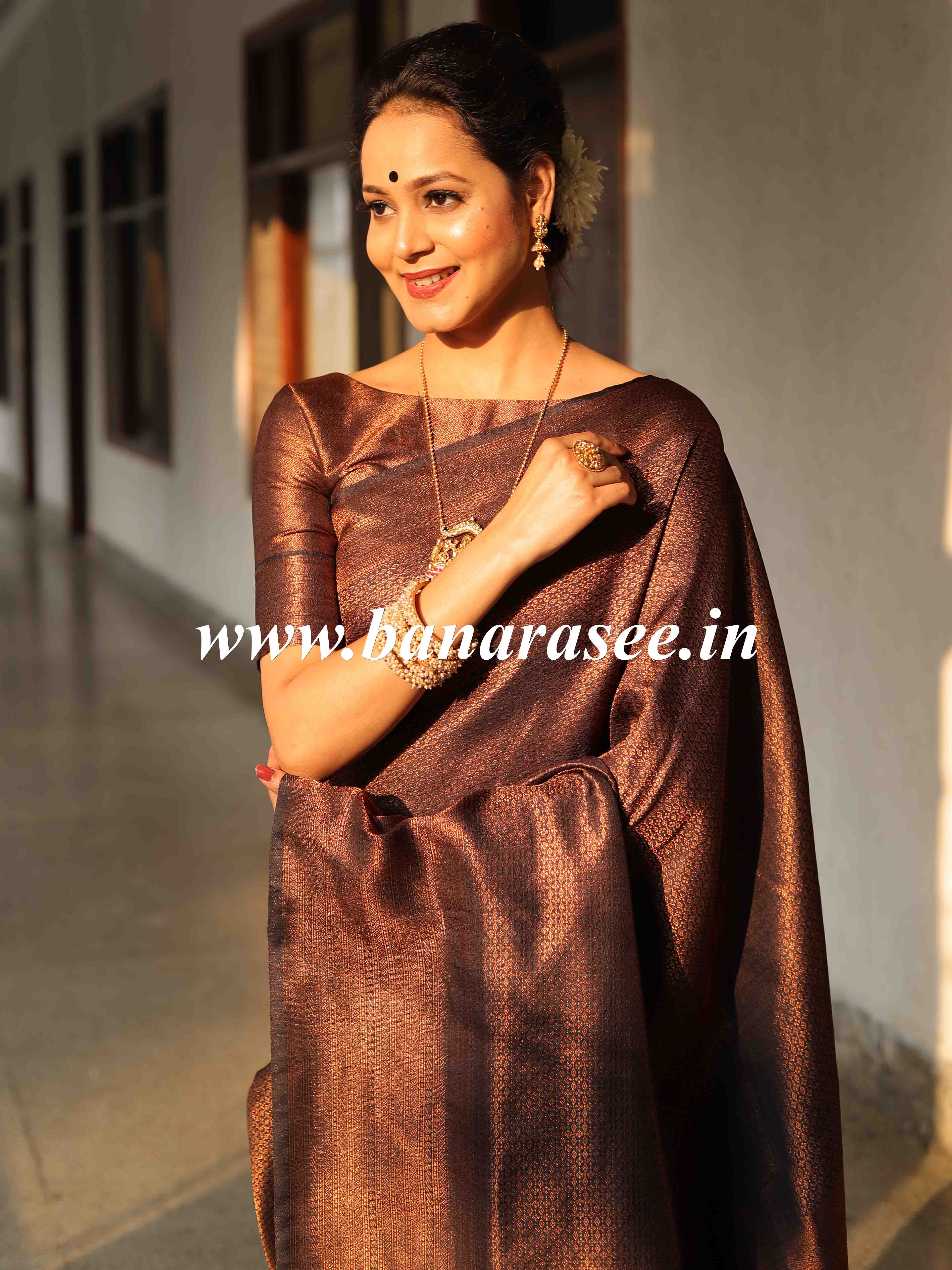 Banarasee Kubera Pattu Soft Silk Saree With Copper Zari Work-Black
