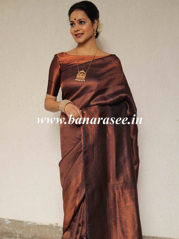 Banarasee Kubera Pattu Soft Silk Saree With Copper Zari Work-Black