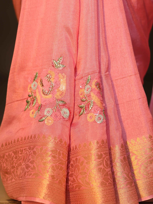 Banarasee Silk Blend Saree With Woven Zari Border & Embroidered Floral Design-Pink