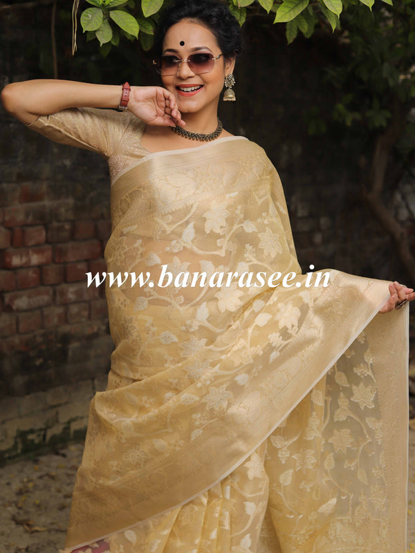 Banarasee Organza Mix Saree With Resham & Zari Jaal Design & Floral Border-Gold