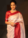 Banarasee Kubera Pattu Soft Silk Saree With Copper Zari Work-White & Maroon