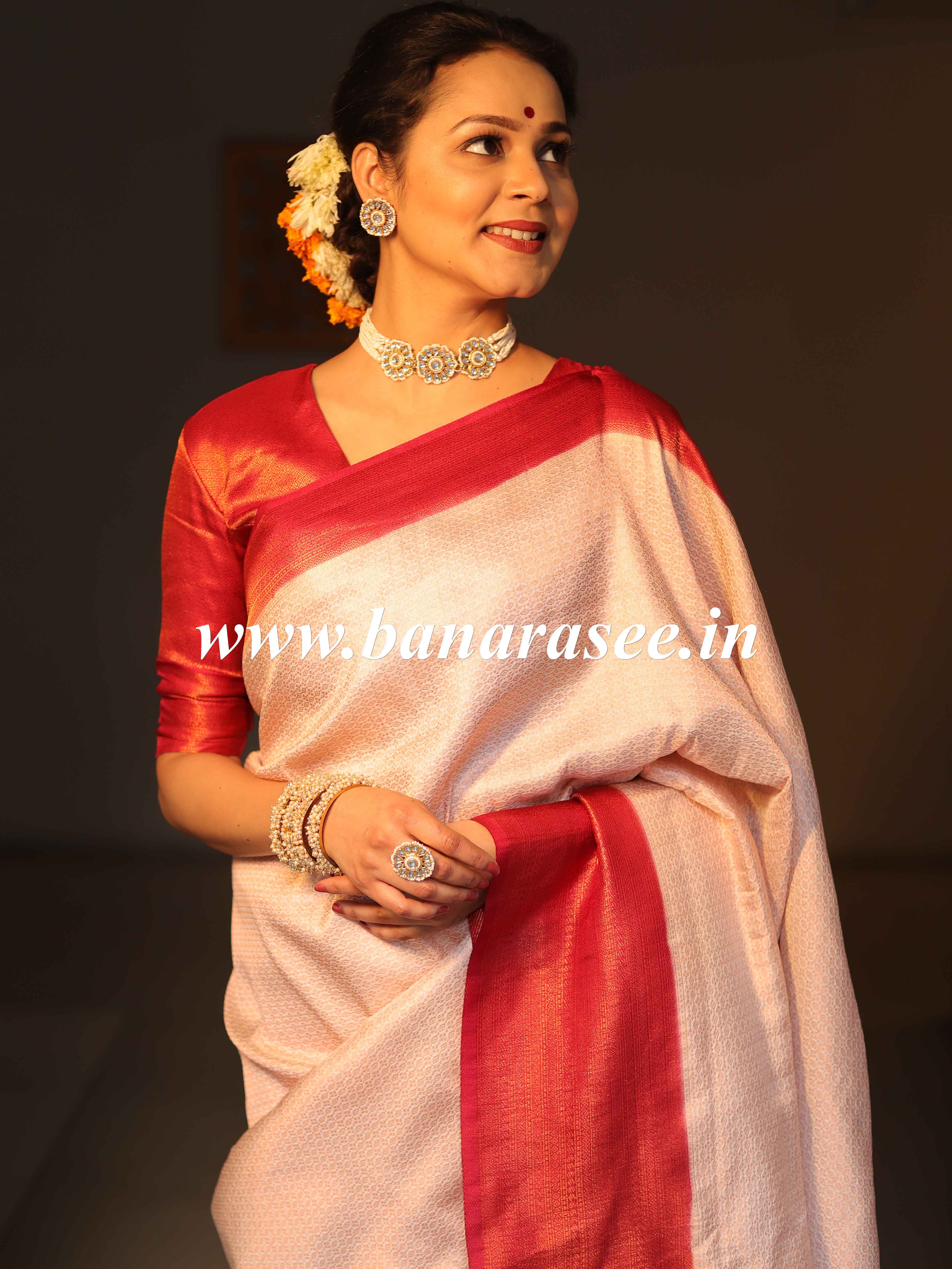 Banarasee Kubera Pattu Soft Silk Saree With Copper Zari Work-White & Maroon