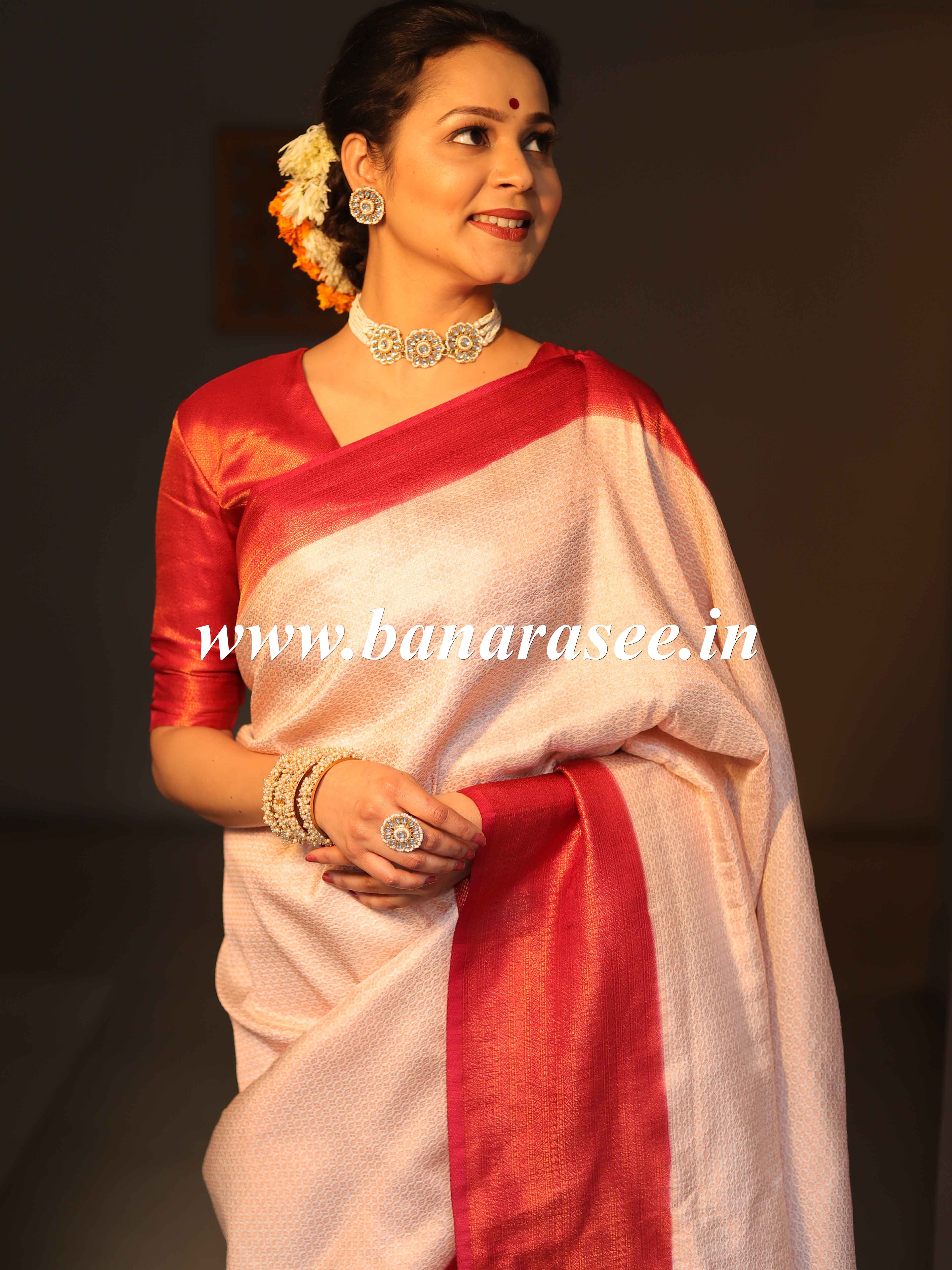 Banarasee Kubera Pattu Soft Silk Saree With Copper Zari Work-White & Maroon
