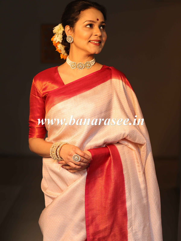 Banarasee Kubera Pattu Soft Silk Saree With Copper Zari Work-White & Maroon
