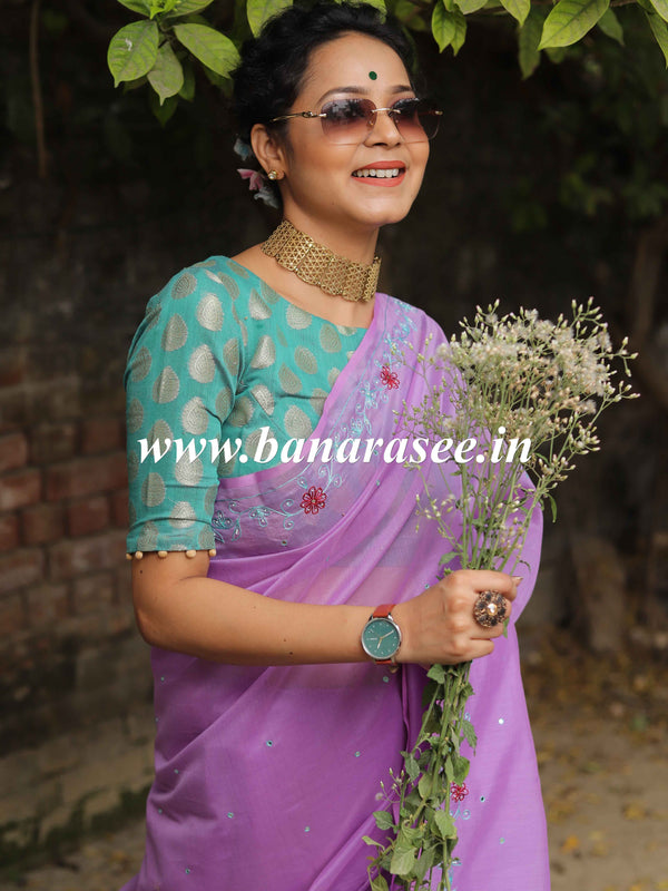 Banarasee Chanderi Cotton Hand-Embroidered Saree-Purple