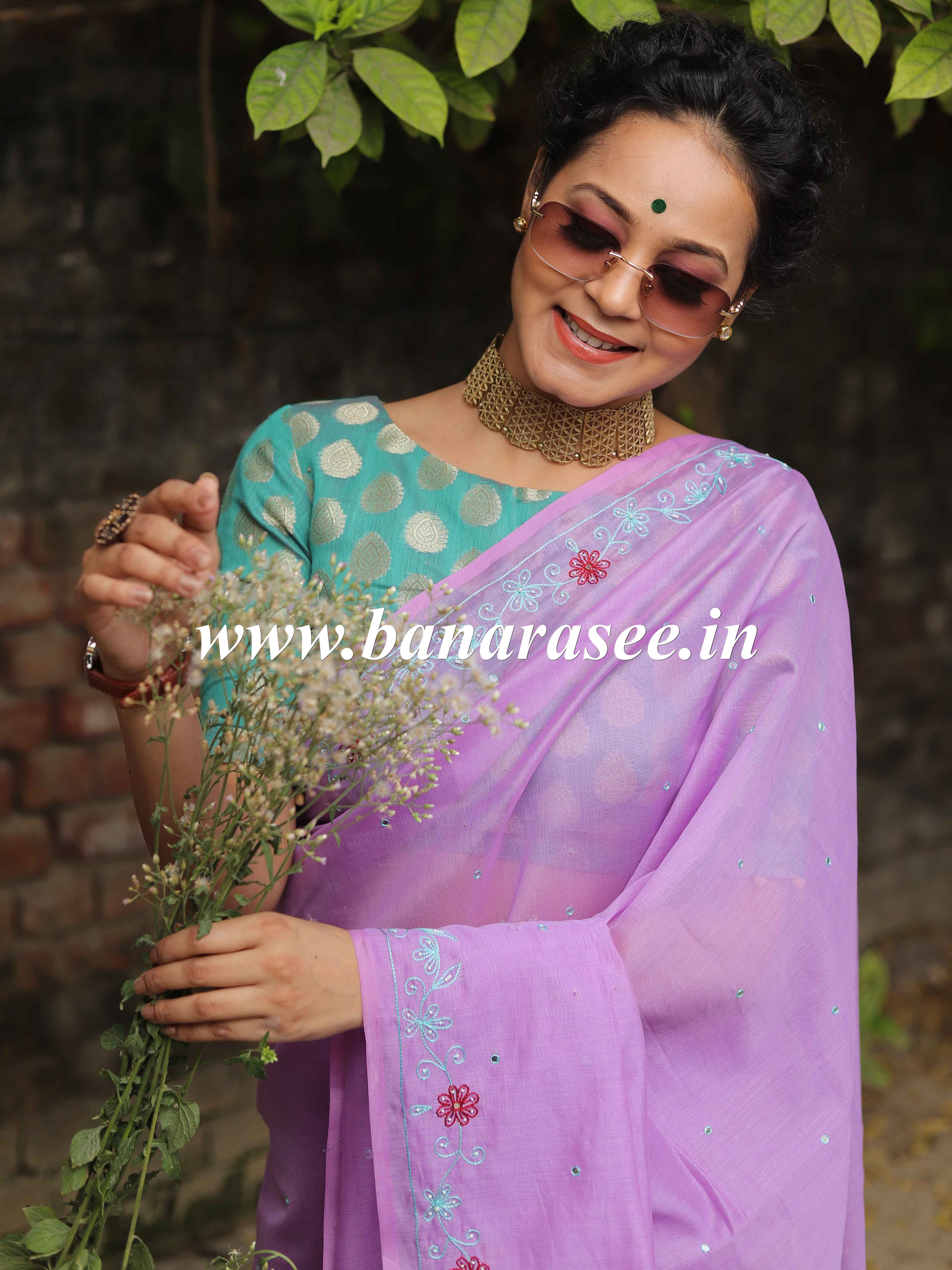 Banarasee Chanderi Cotton Hand-Embroidered Saree-Purple