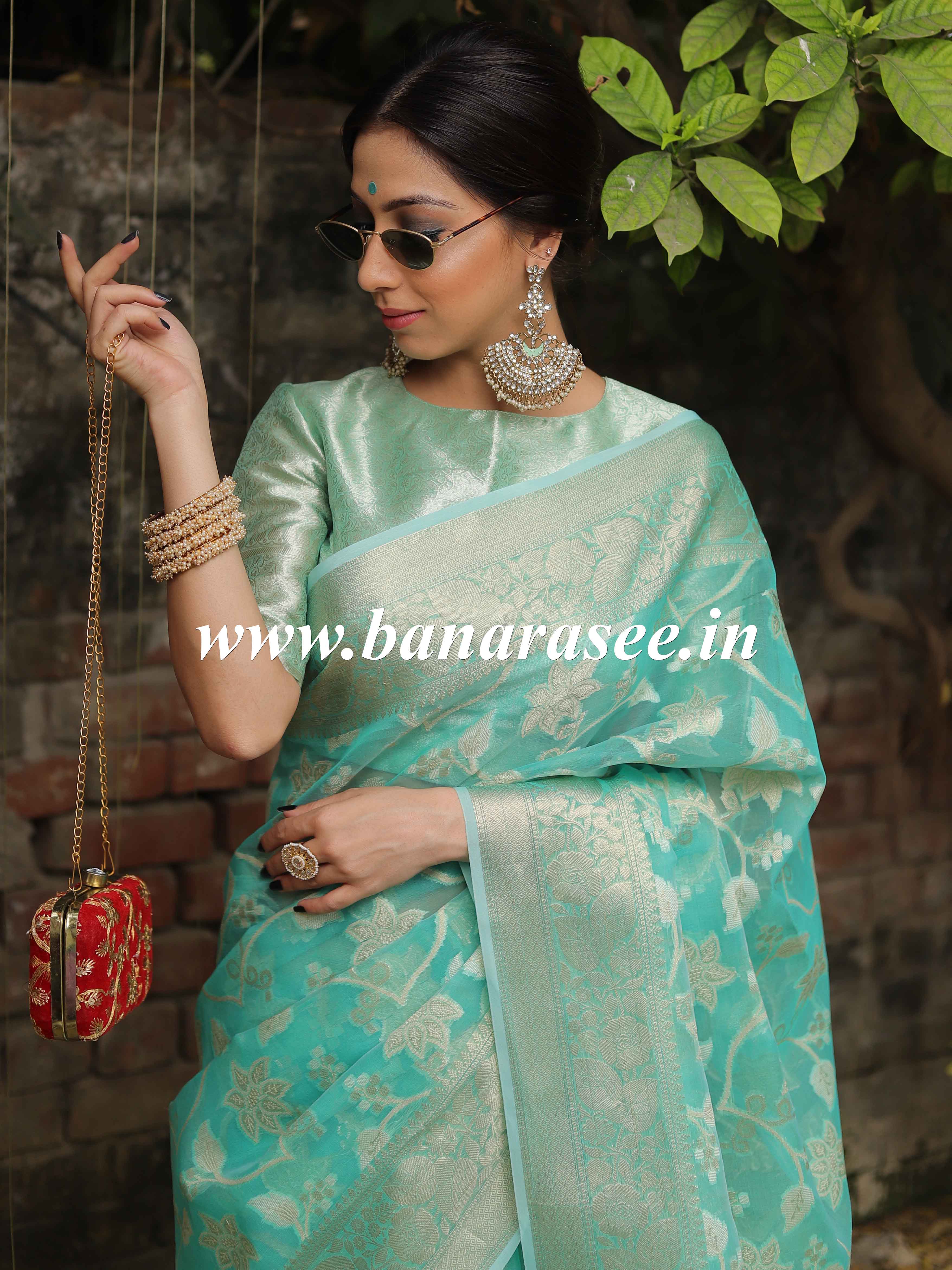 Banarasee Organza Mix Saree With Resham & Zari Jaal Design & Floral Border-Sea Green