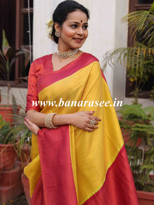 Banarasee Kubera Pattu Soft Silk Saree With Copper Zari Work-Yellow & Maroon