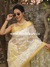 Banarasee Handwoven Organza Silk With Embroidered Saree-White & Yellow