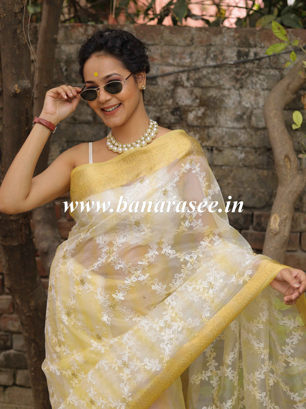 Banarasee Handwoven Organza Silk With Embroidered Saree-White & Yellow