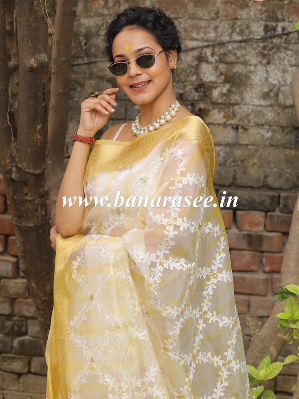 Banarasee Handwoven Organza Silk With Embroidered Saree-White & Yellow