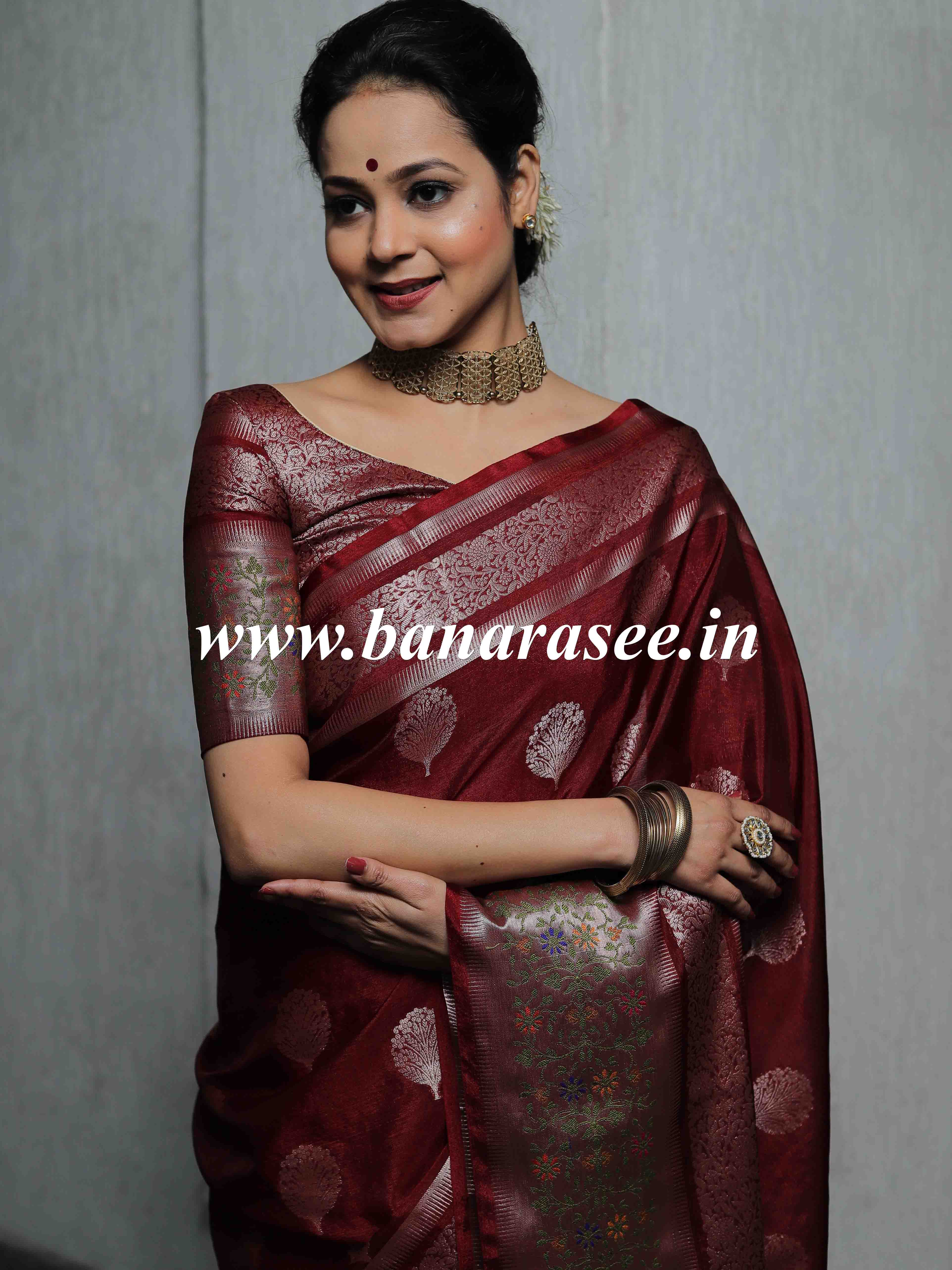 Banarasee Semi-Dupion Silk Saree With Meena & Zari Border- Maroon