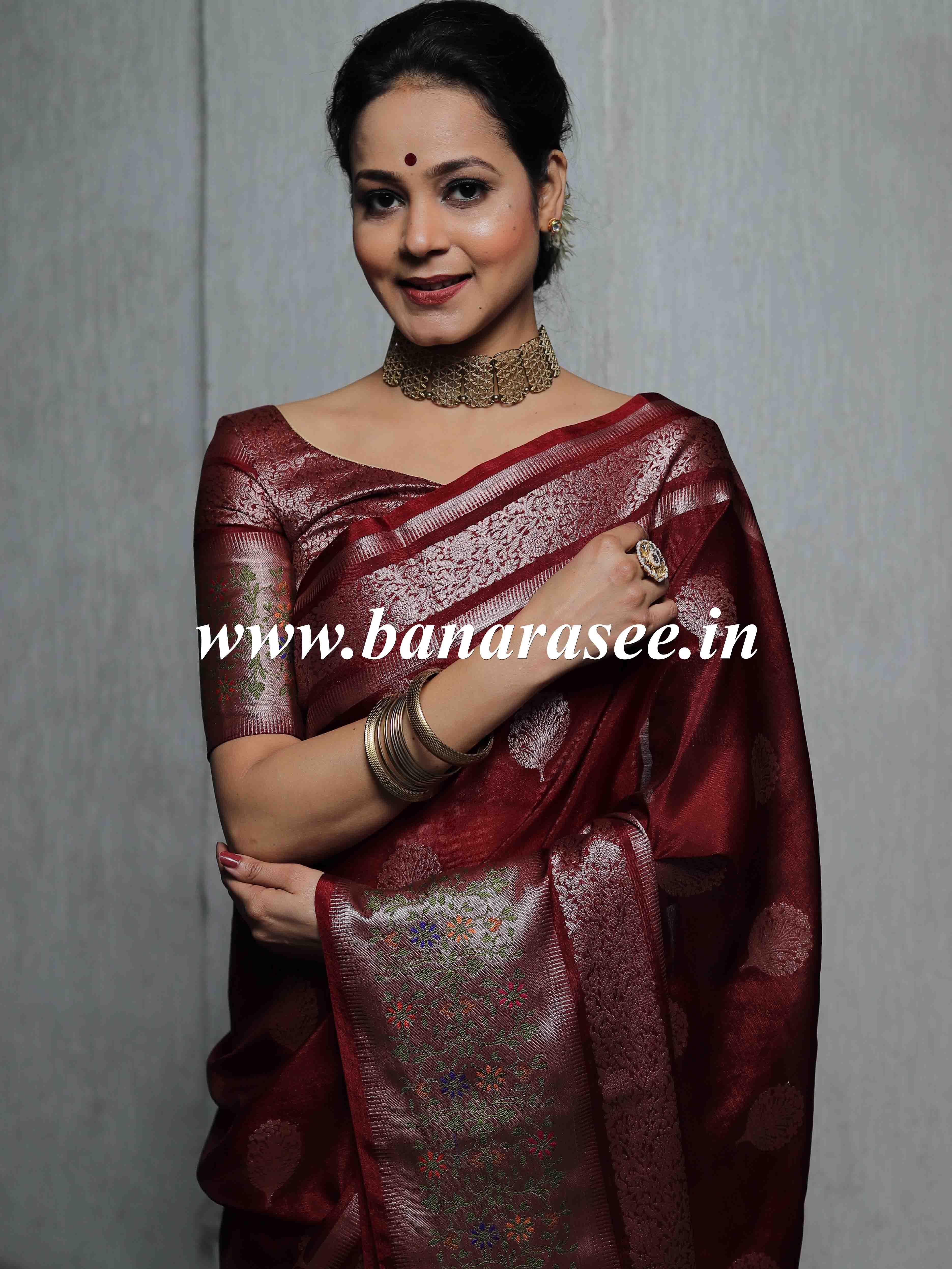 Banarasee Semi-Dupion Silk Saree With Meena & Zari Border- Maroon