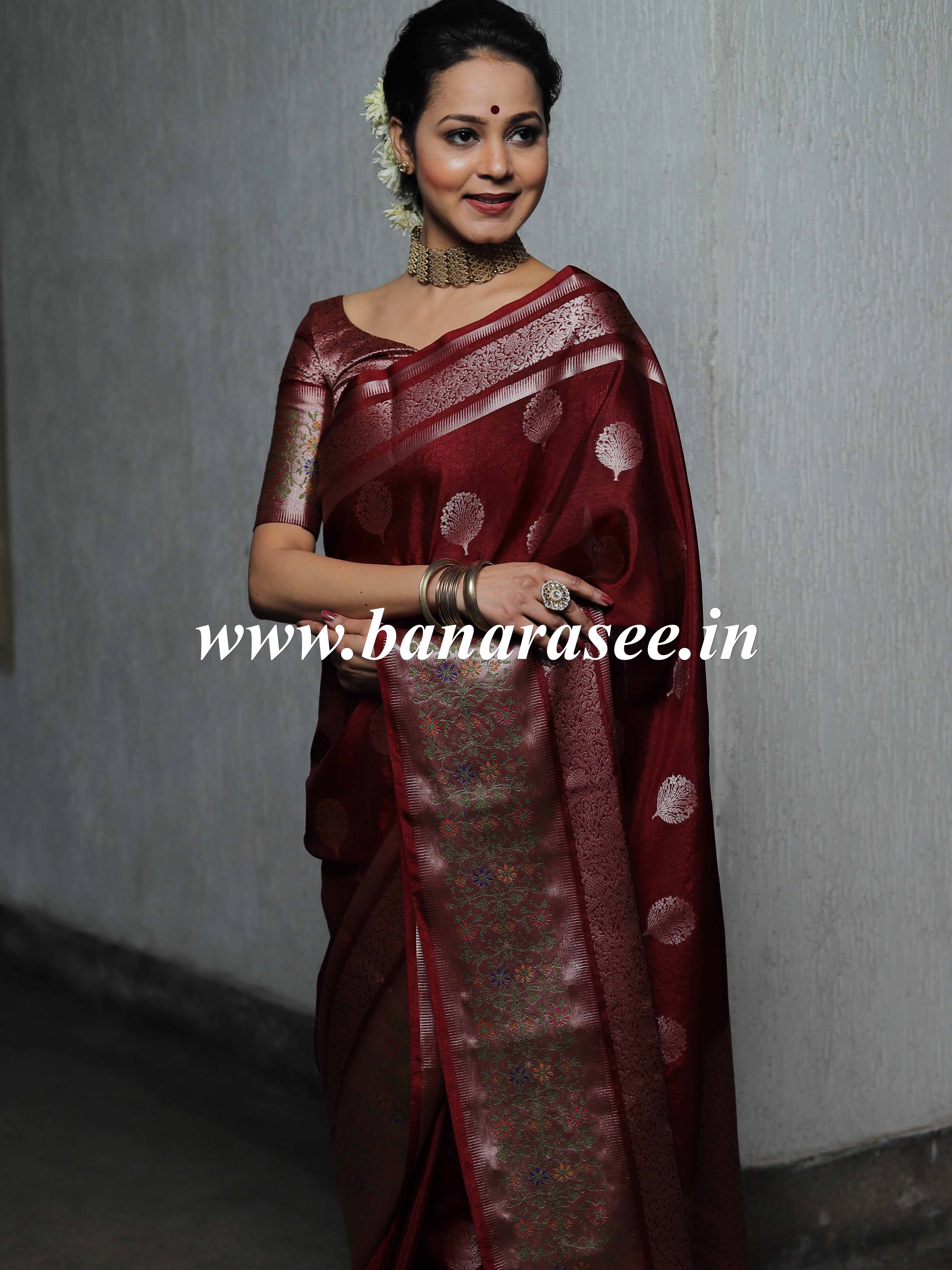 Banarasee Semi-Dupion Silk Saree With Meena & Zari Border- Maroon