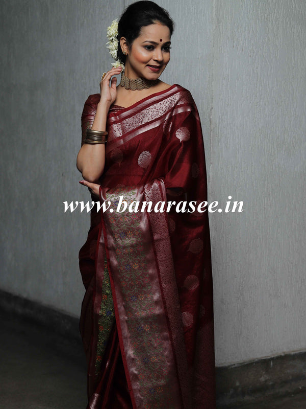 Banarasee Semi-Dupion Silk Saree With Meena & Zari Border- Maroon