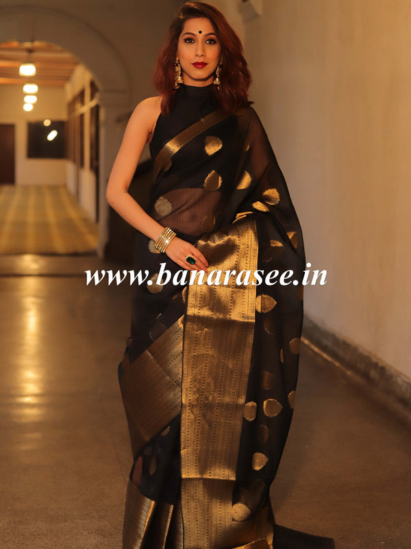 Banarasee Cotton Silk Saree With Antique Zari Buta & Border-Black