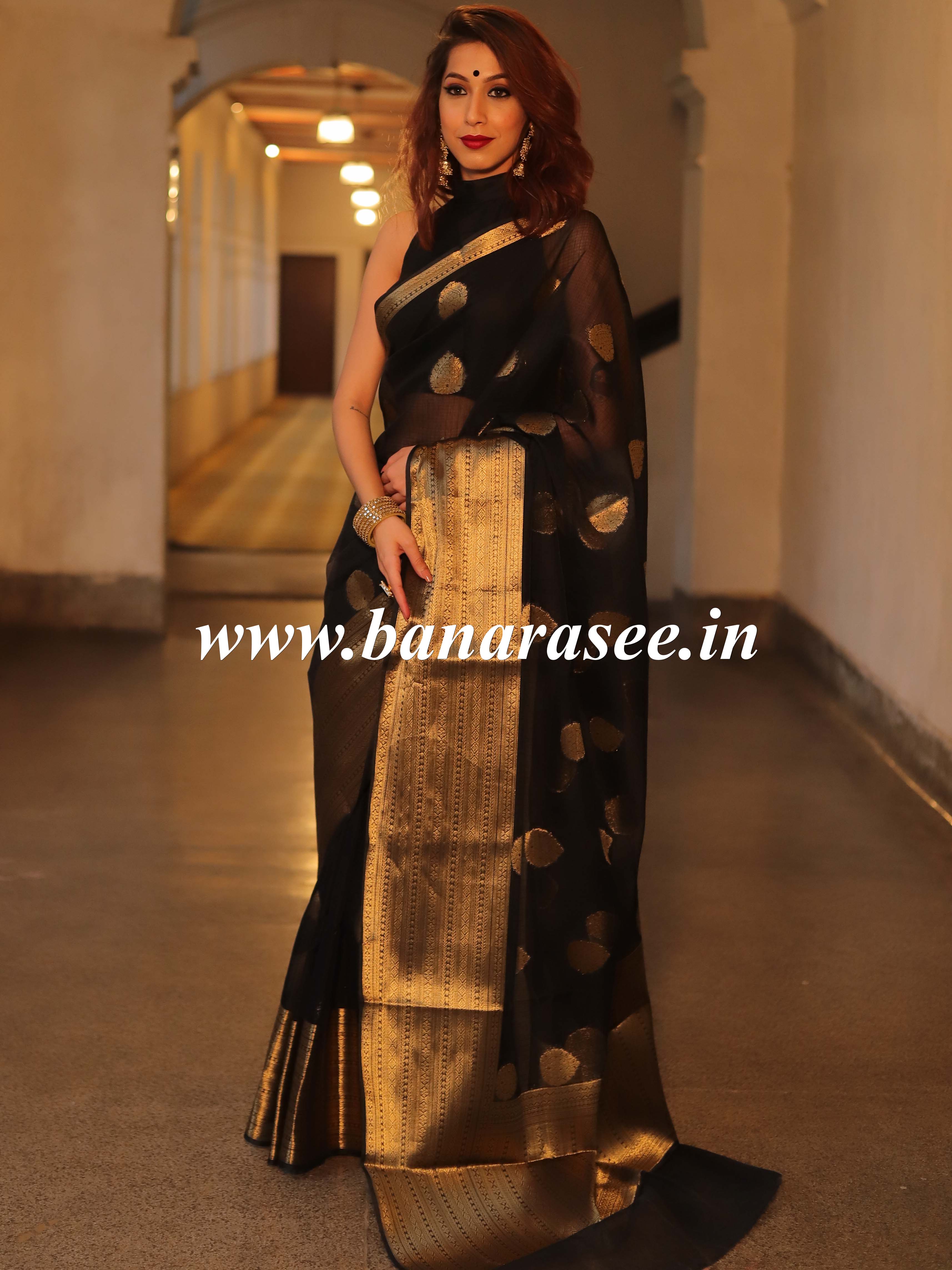 Banarasee Cotton Silk Saree With Antique Zari Buta & Border-Black