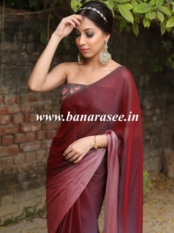 Banarasee Velvet Chiffon Sari With Swarovski Border & Contrast Sequins Work Blouse-Wine