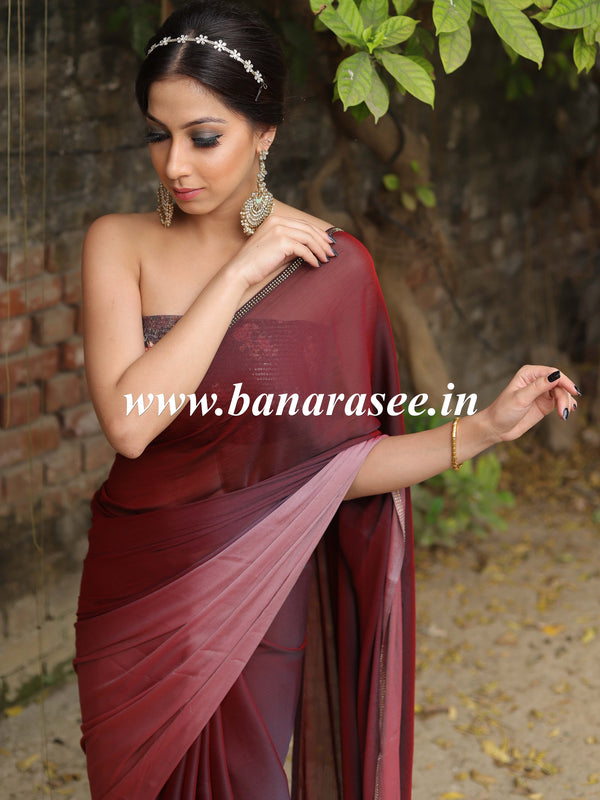 Banarasee Velvet Chiffon Sari With Swarovski Border & Contrast Sequins Work Blouse-Wine
