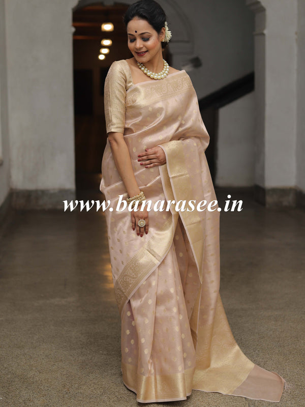 Banarasee Handwoven Tissue Saree with Zari Buti Work -Gold (Pink Tone)