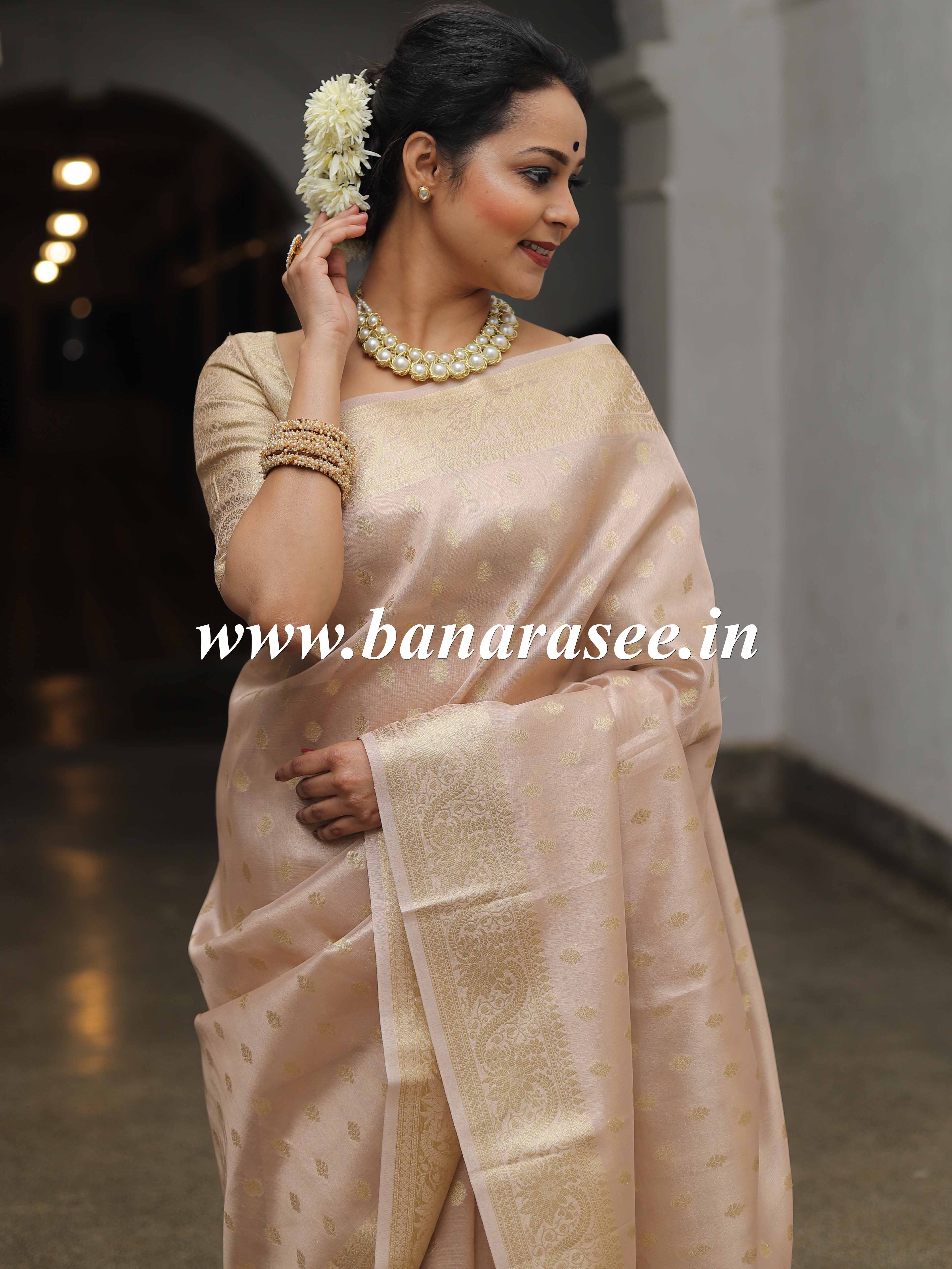 Banarasee Handwoven Tissue Saree with Zari Buti Work -Gold (Pink Tone)