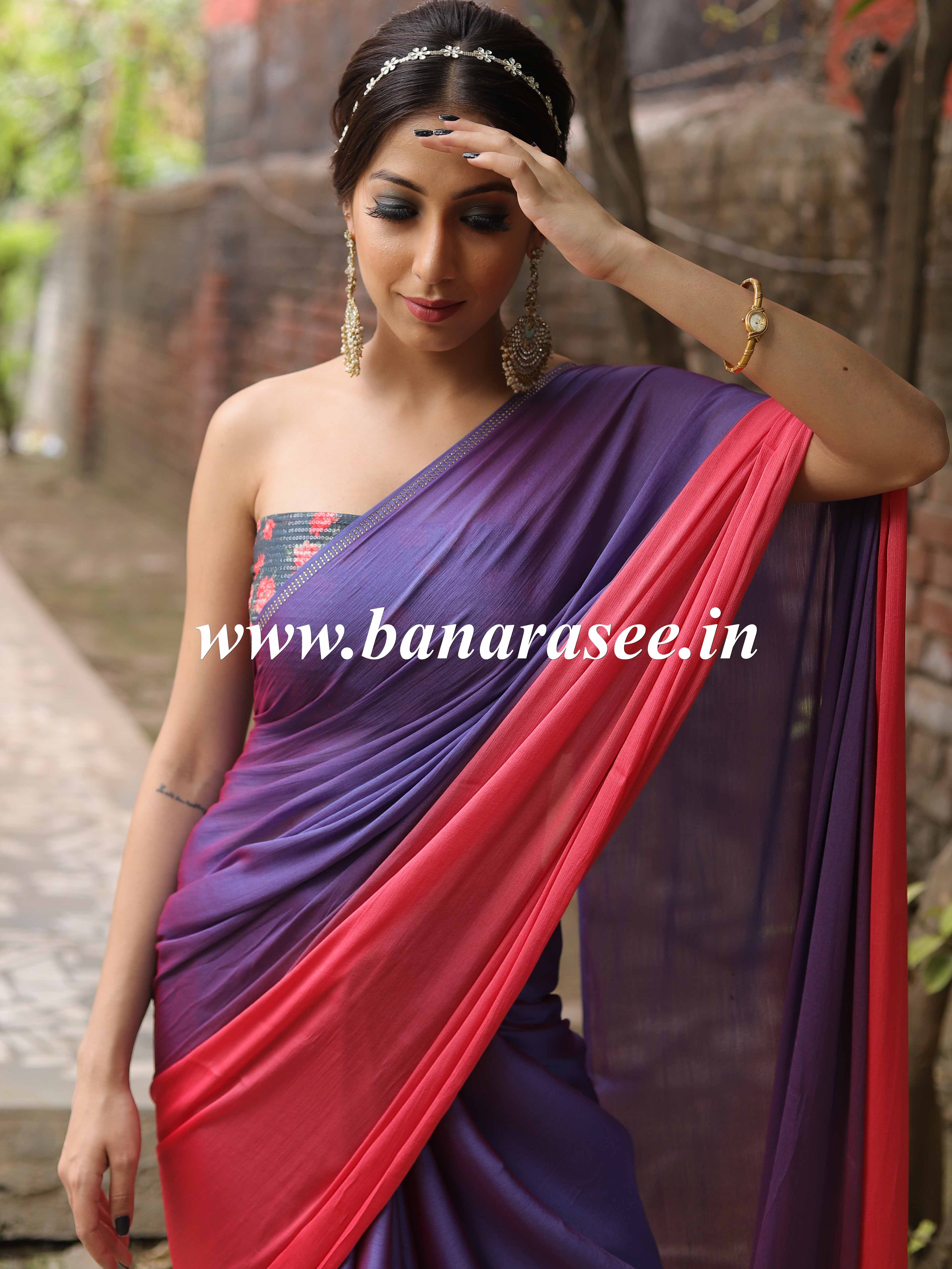 Banarasee Velvet Chiffon Sari With Swarovski Border & Contrast Sequins Work Blouse-Violet & Peach