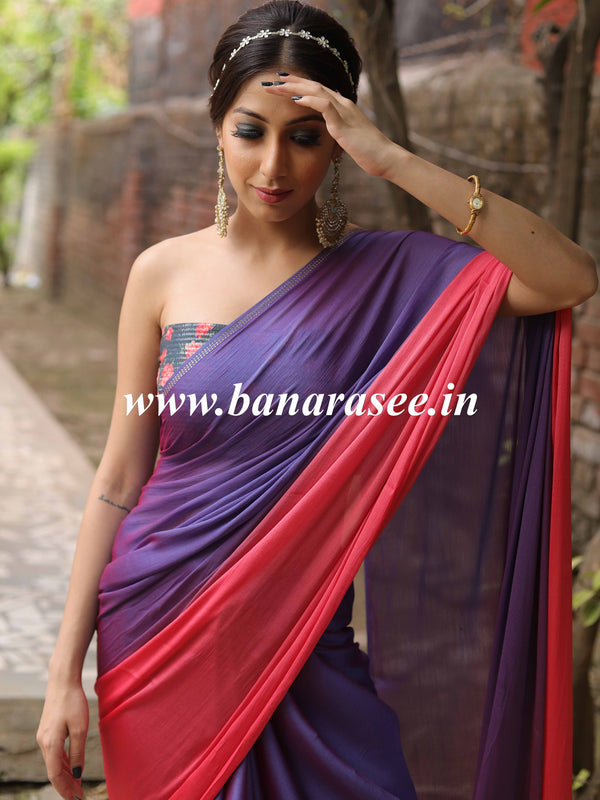 Banarasee Velvet Chiffon Sari With Swarovski Border & Contrast Sequins Work Blouse-Violet & Peach