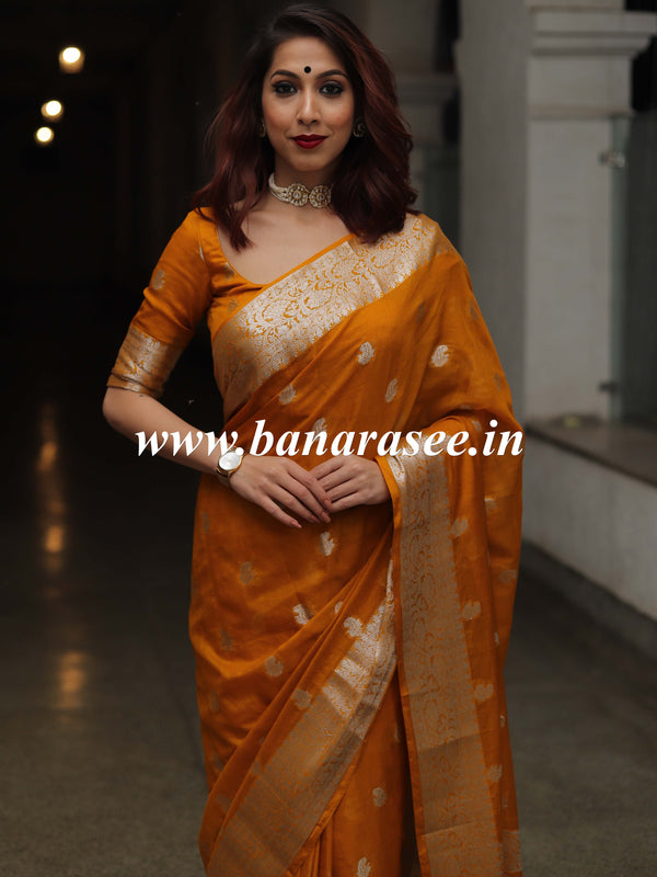 Banarasee Handwoven Semi-Chiffon Saree With Silver Zari Work-Mustard Yellow