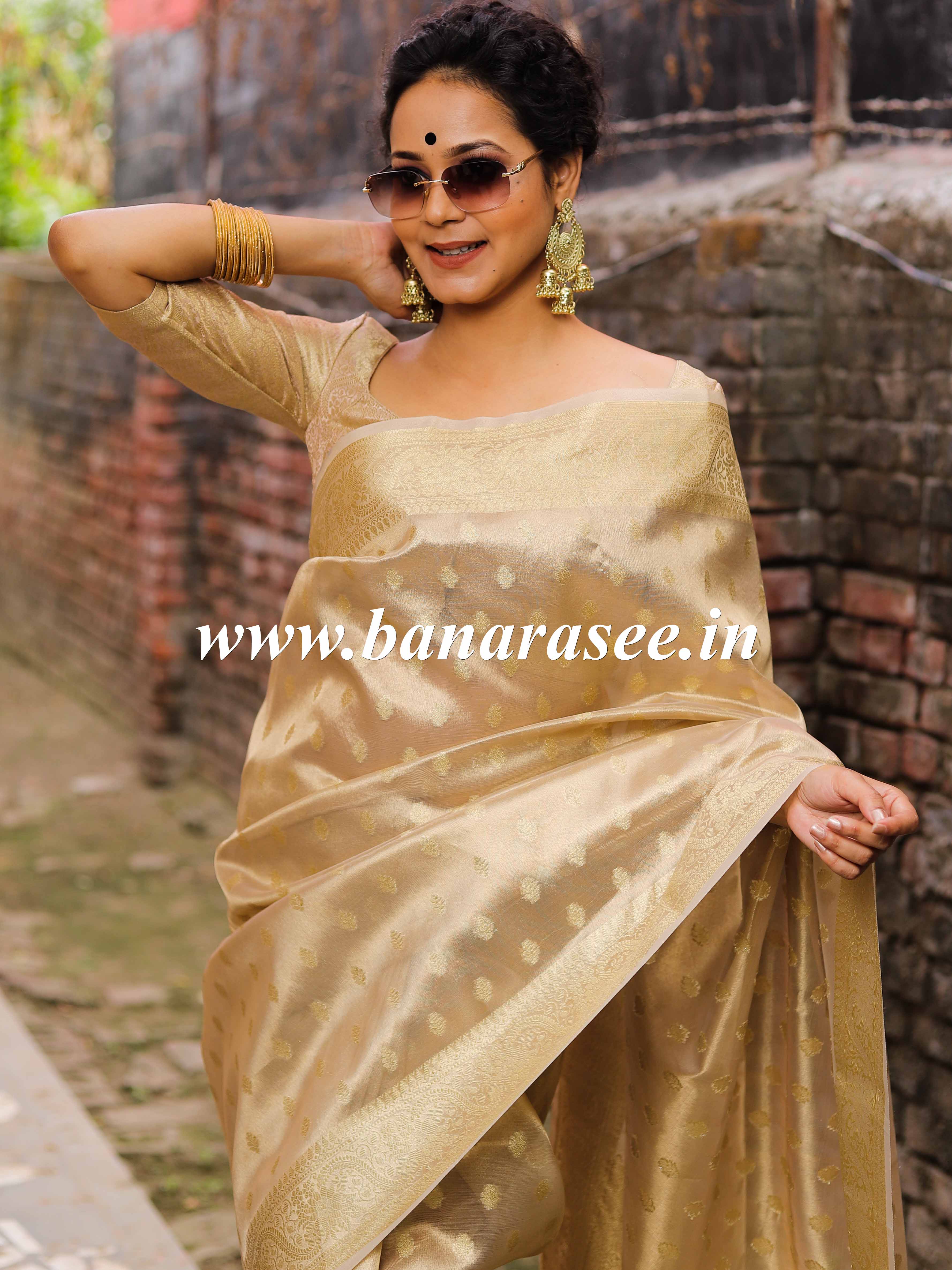 Banarasee Handwoven Tissue Saree with Zari Buti Work -Gold