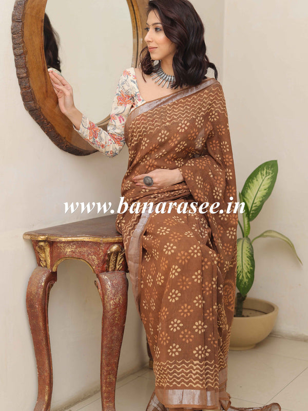 Linen Cotton Bagru Hand-Block Printed Saree-Brown