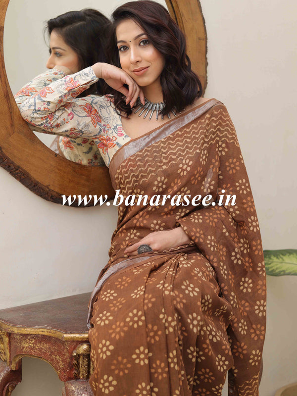 Linen Cotton Bagru Hand-Block Printed Saree-Brown