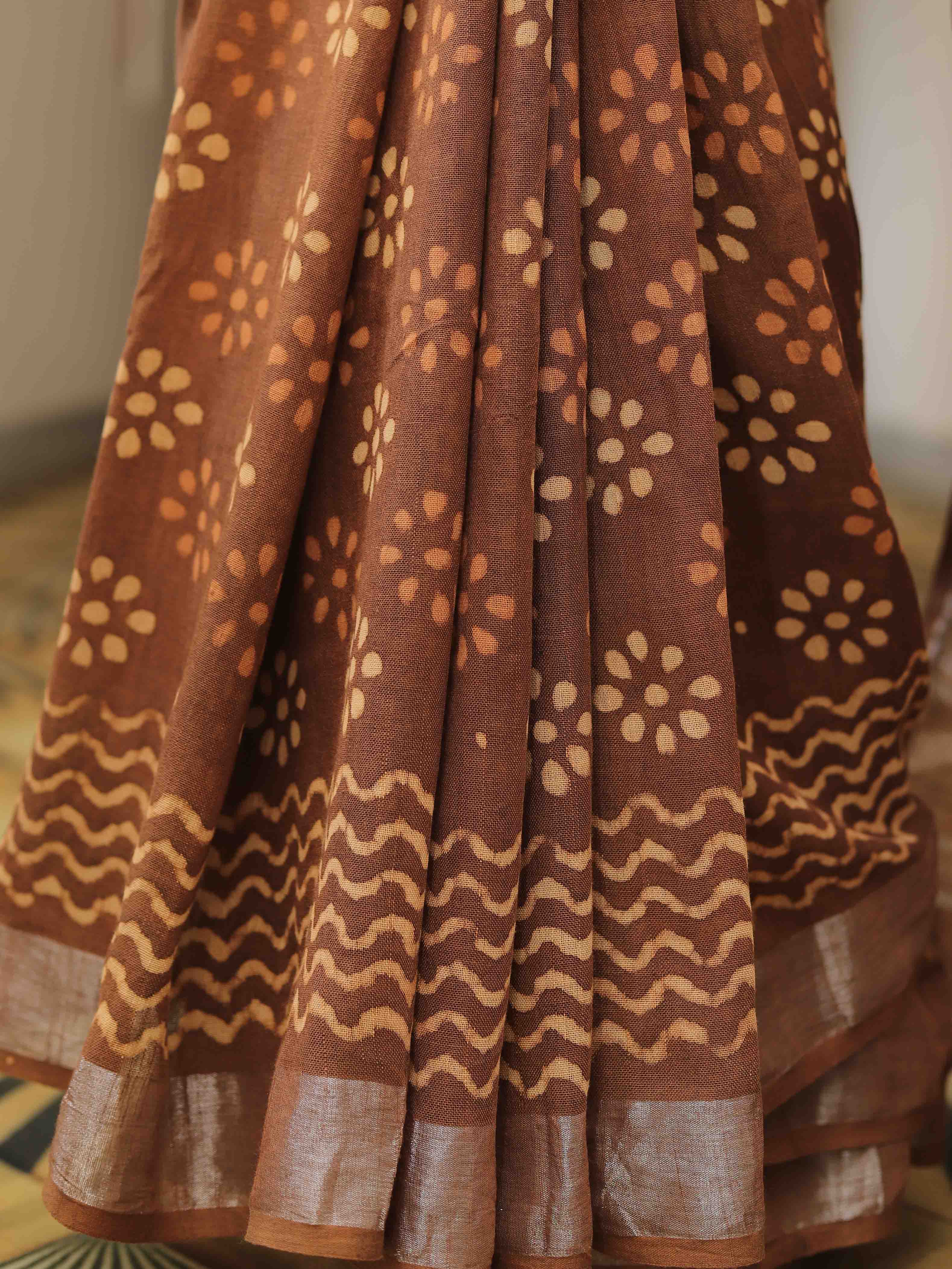 Linen Cotton Bagru Hand-Block Printed Saree-Brown