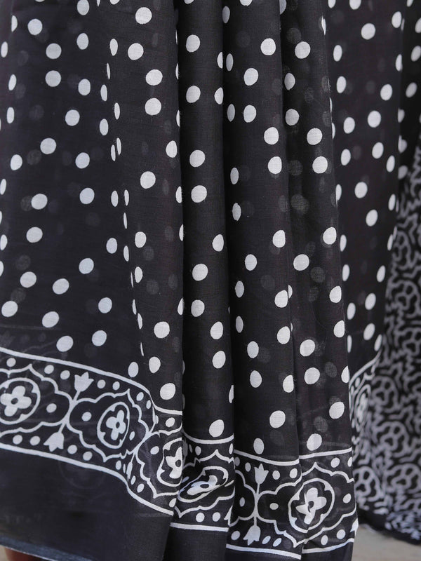 Handloom Mul Cotton Hand-block Print Saree-Black