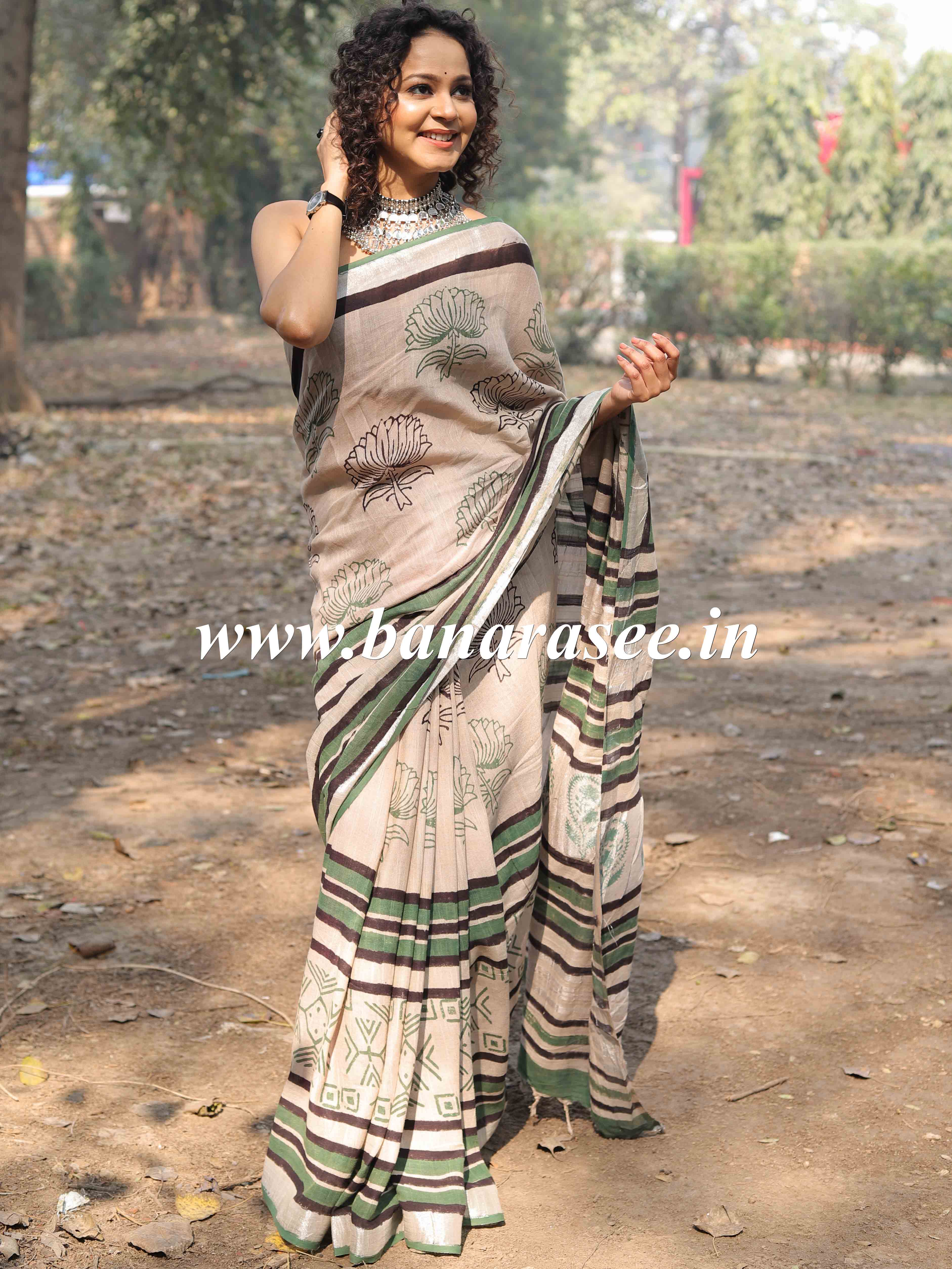 Linen Cotton Bagru Hand-Block Printed Saree-Beige