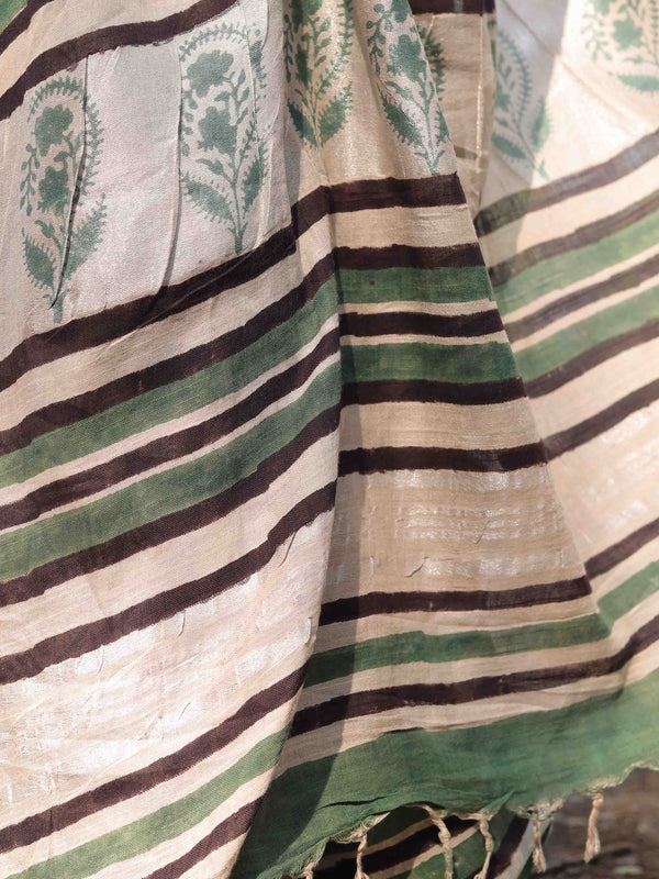 Linen Cotton Bagru Hand-Block Printed Saree-Beige