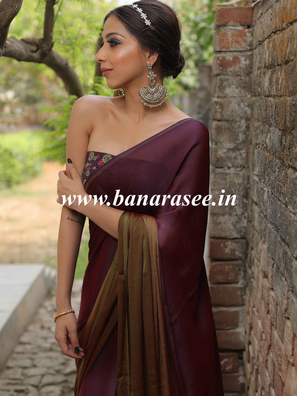 Banarasee Velvet Chiffon Sari With Swarovski Border & Contrast Sequins Work Blouse-Wine & Brown