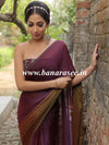 Banarasee Velvet Chiffon Sari With Swarovski Border & Contrast Sequins Work Blouse-Wine & Brown