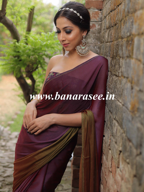 Banarasee Velvet Chiffon Sari With Swarovski Border & Contrast Sequins Work Blouse-Wine & Brown
