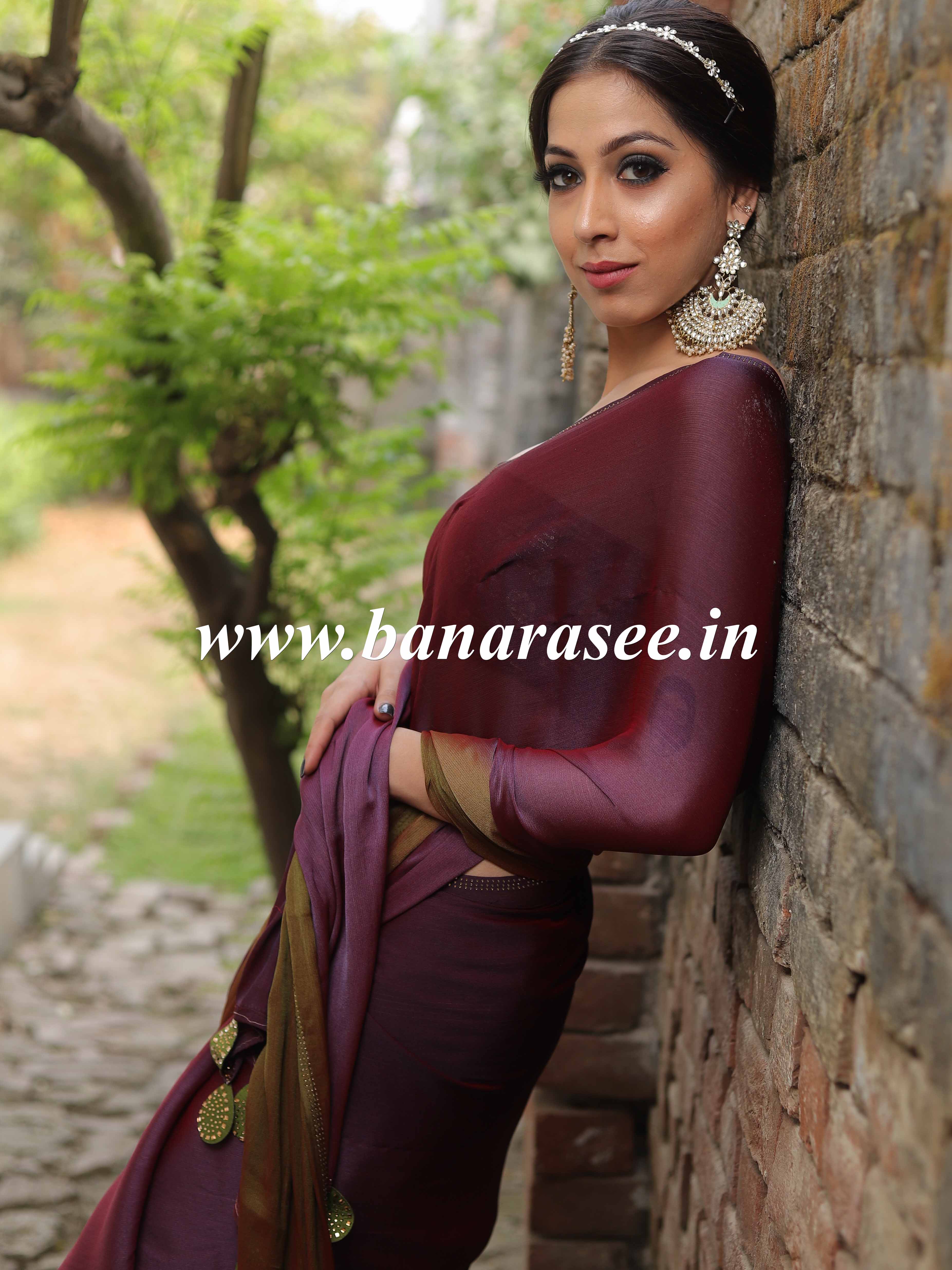 Banarasee Velvet Chiffon Sari With Swarovski Border & Contrast Sequins Work Blouse-Wine & Brown