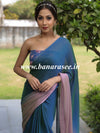 Banarasee Velvet Chiffon Sari With Swarovski Border & Contrast Sequins Work Blouse-Blue & Pink