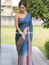 Banarasee Velvet Chiffon Sari With Swarovski Border & Contrast Sequins Work Blouse-Blue & Pink